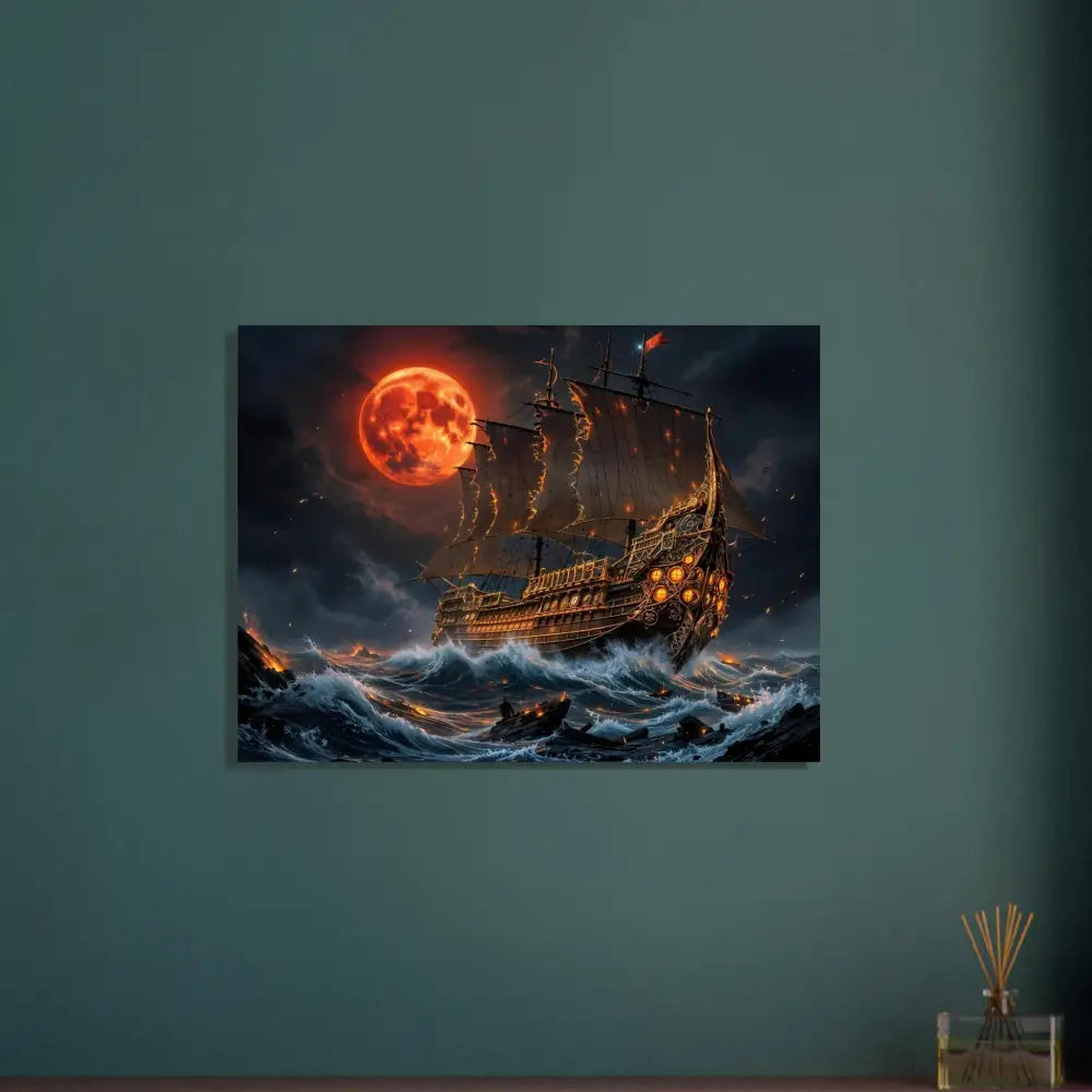 Canvas print of pirate ship on rough seas under a blood moon in Crimson Reign style