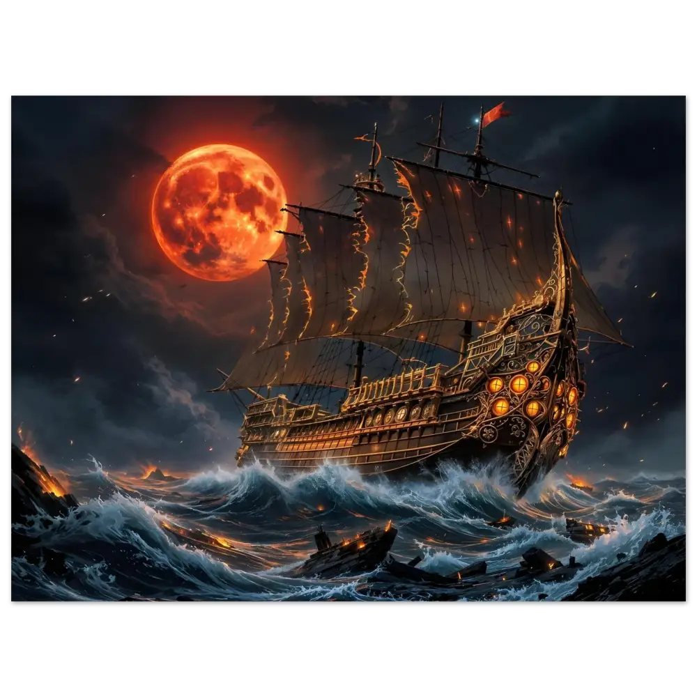Ornate pirate ship with glowing sails under blood moon in Crimson Reign poster