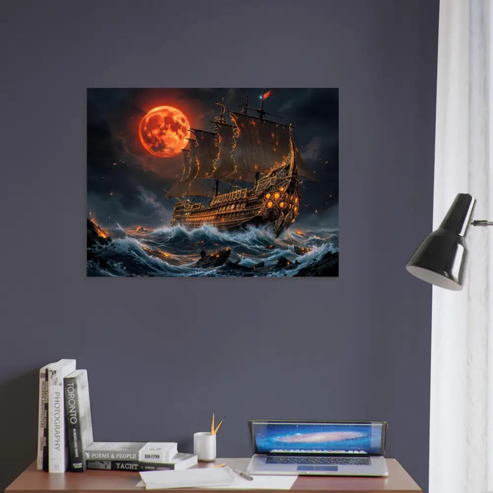 Canvas print of pirate ship on rough seas under a blood moon in Crimson Reign series