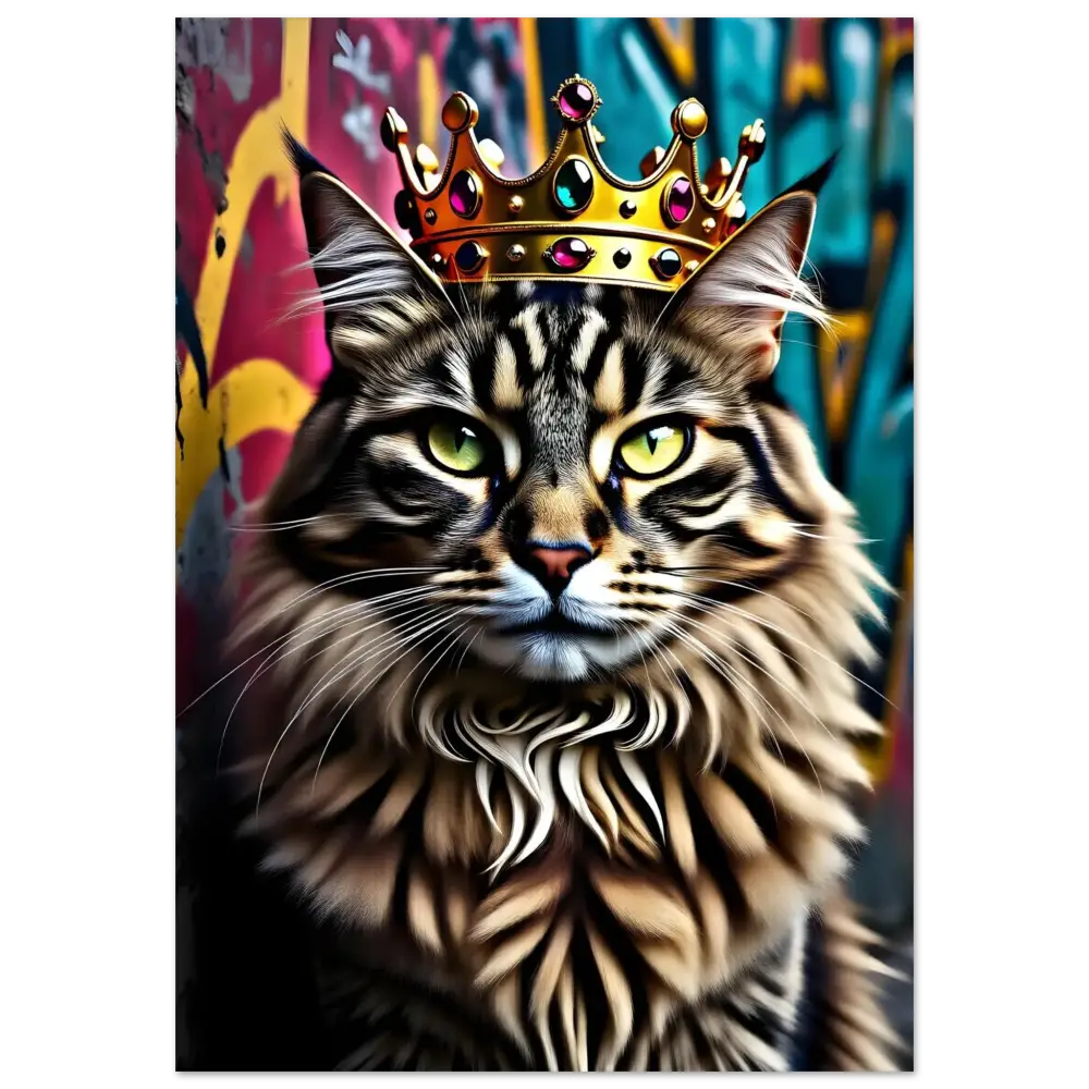 Regal cat wearing a golden crown in PixiOnyx Crown Meowjesty art poster