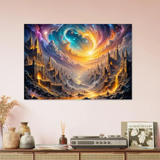 Fine art poster of eclipsed citadel and golden fortress cities in a celestial vortex landscape