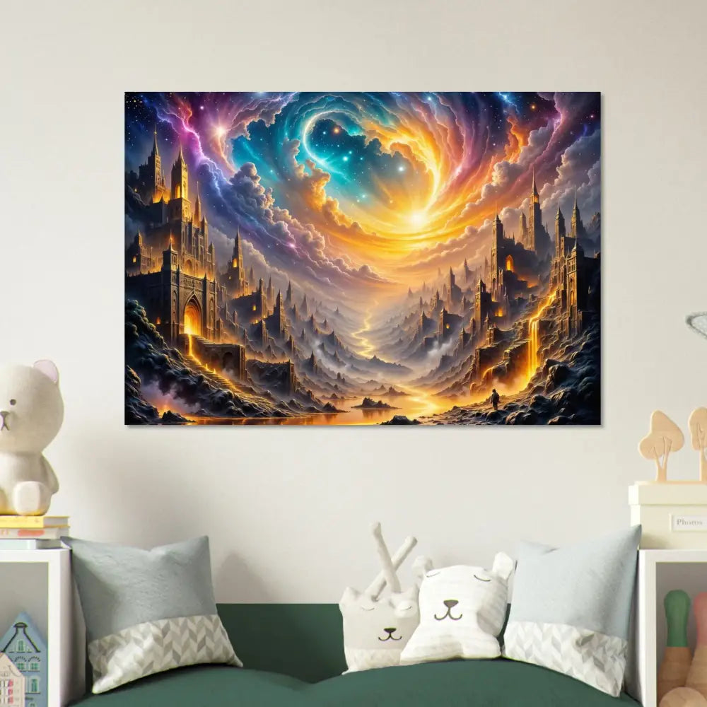 Fine art poster of Eclipsed Citadel with mystical sky castles and glowing path