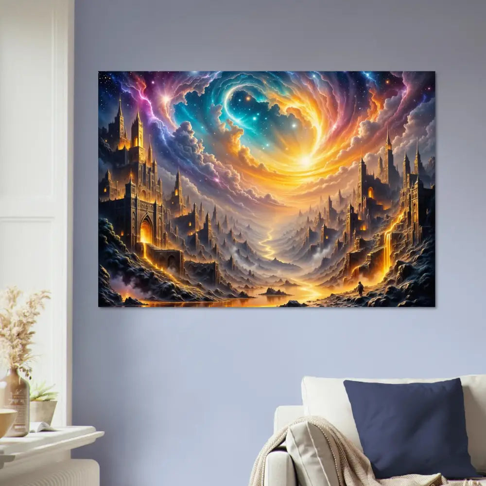 Vibrant fantasy-themed canvas print of Eclipsed Citadel, a fine art golden fortress city