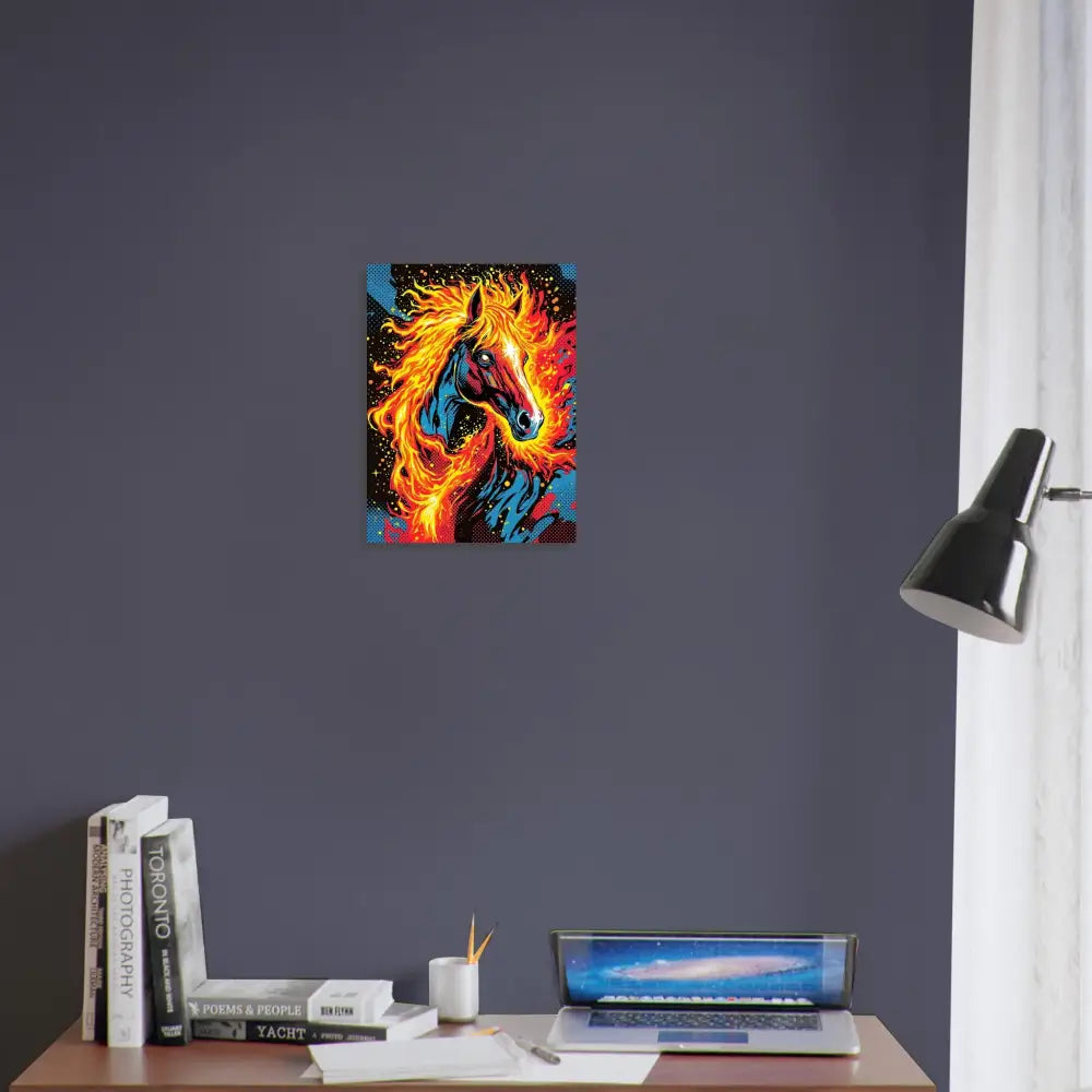 Vibrant fiery horse painting on dark wall showcasing surreal motion and hypnotic elegance