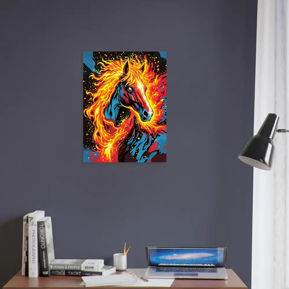 Vibrant pop art poster of a horse with fiery mane showcasing surreal motion and hypnotic elegance