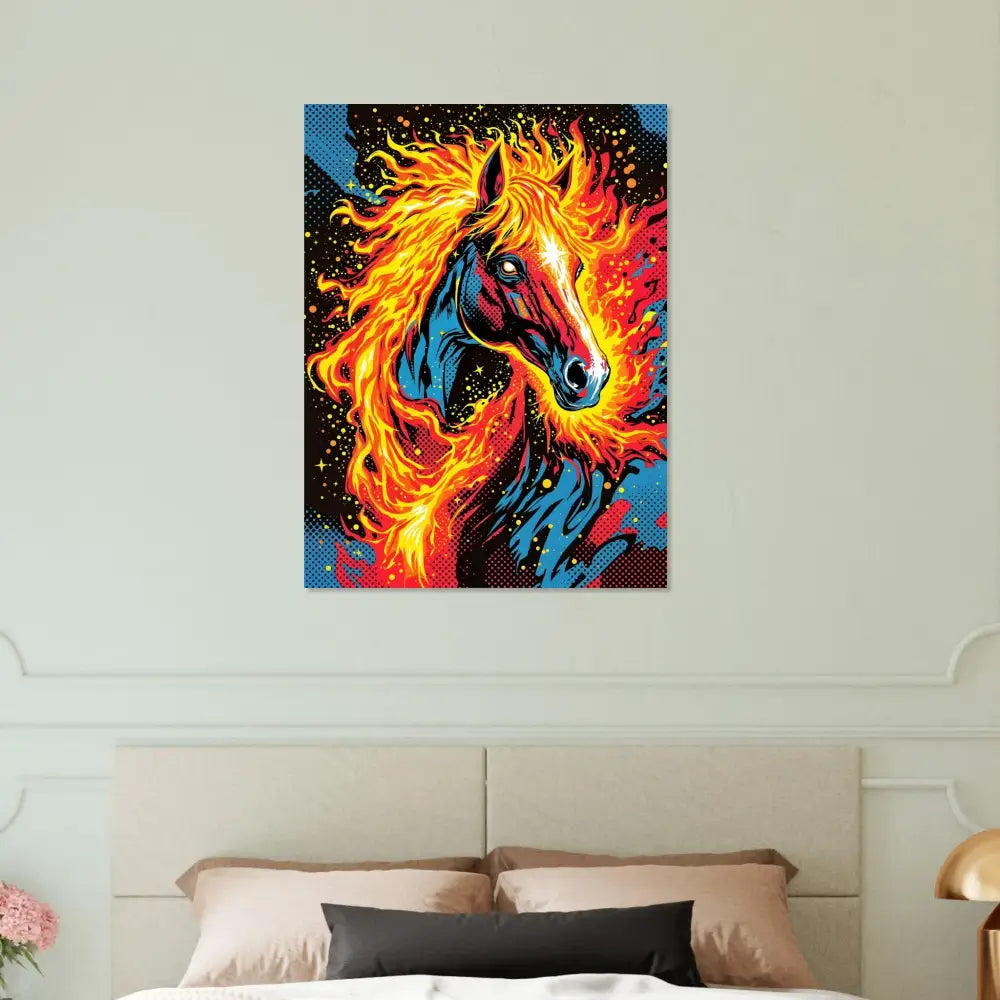 Vibrant fiery horse painting in pop art style from Fine Art Poster Equinox Ablaze fuses surreal motion and hypnotic elegance