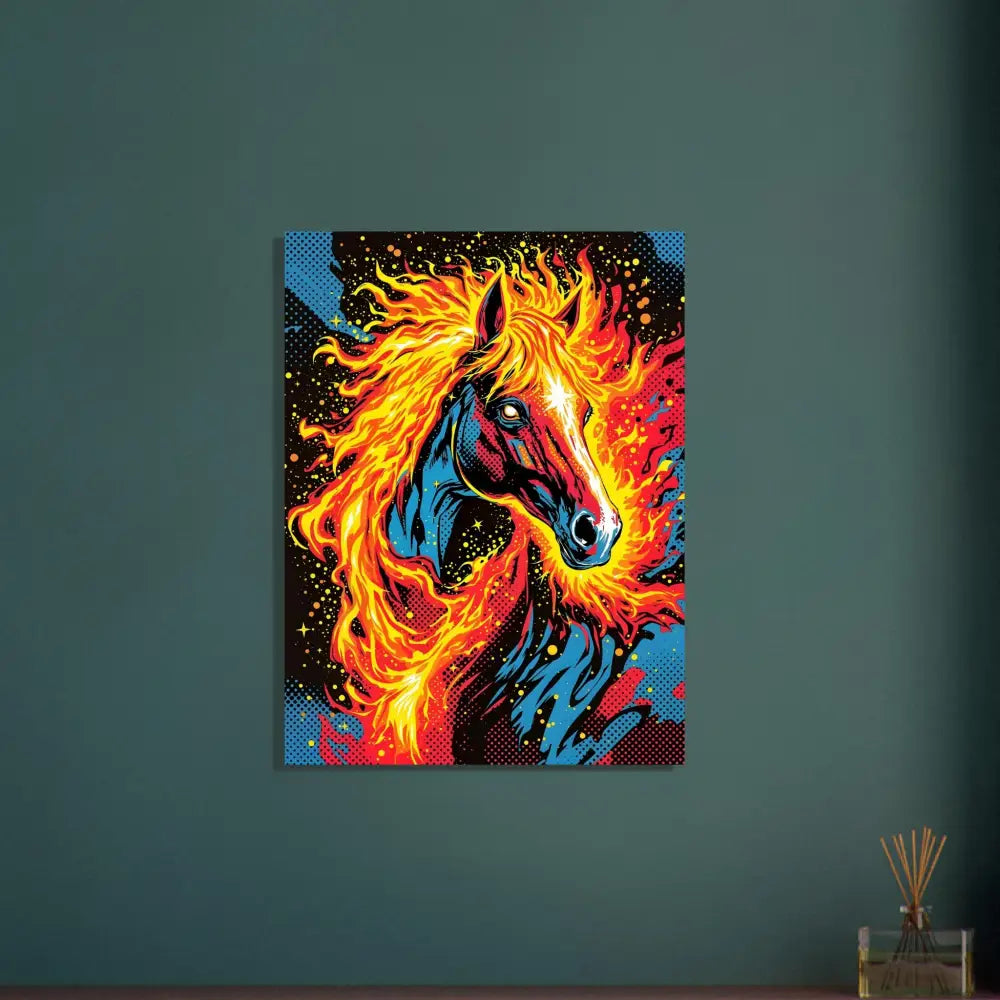 Vibrant fiery horse painting on canvas showcasing surreal motion and hypnotic elegance