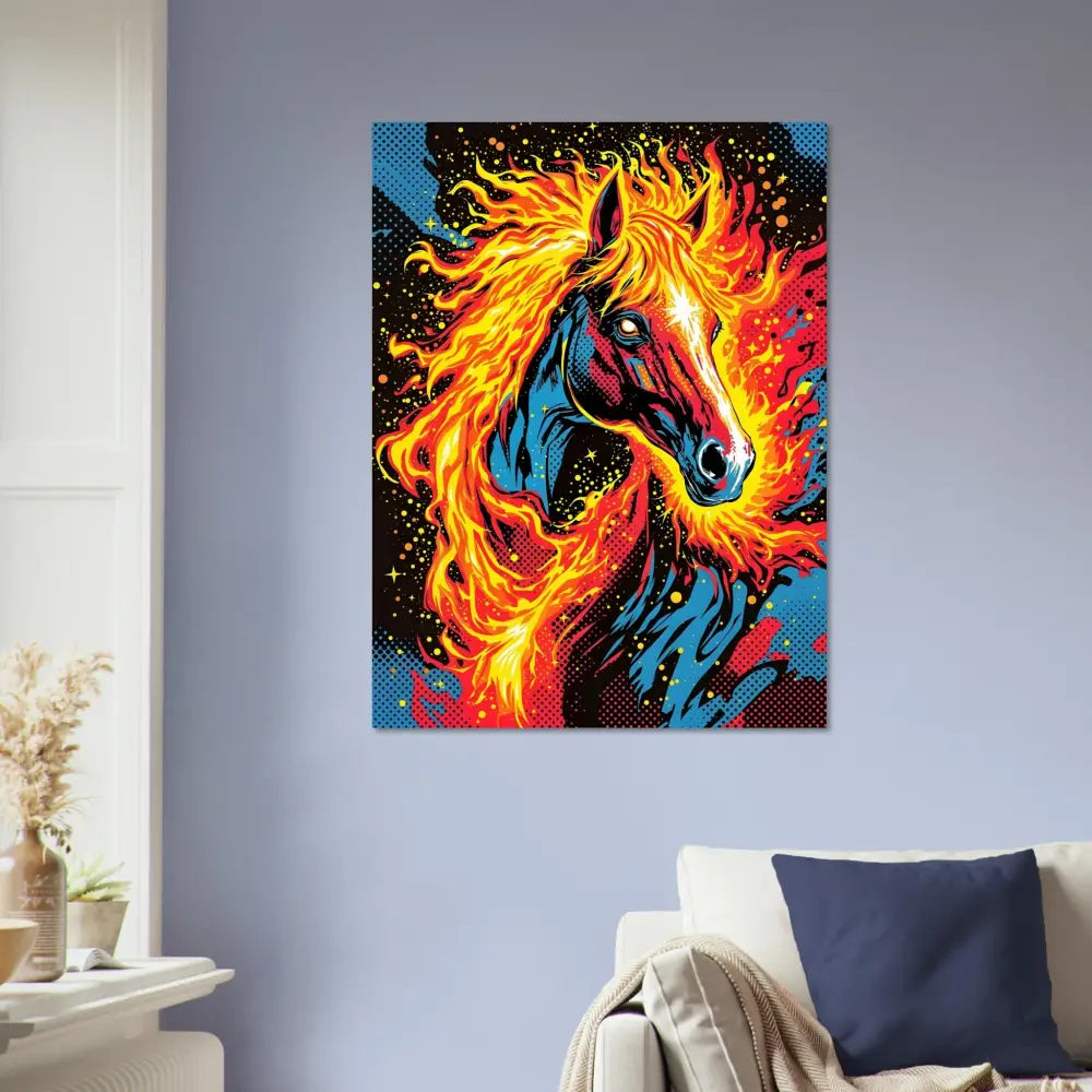Vibrant pop-art style horse painting with fiery mane and blue accents for Equinox Ablaze poster