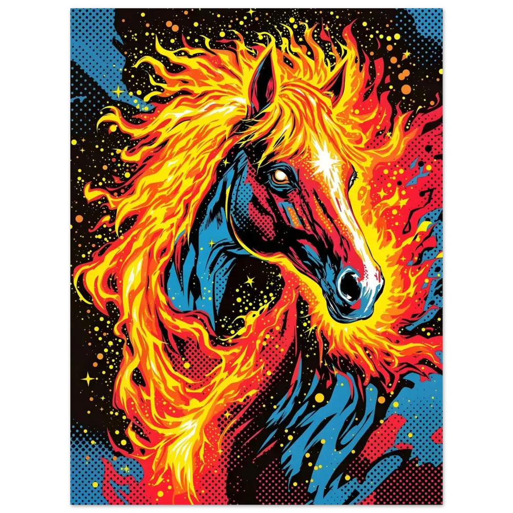 Vibrant fiery horse with glowing mane and intense eyes in PixiOnyx Ablaze Fuses Pop-Art print