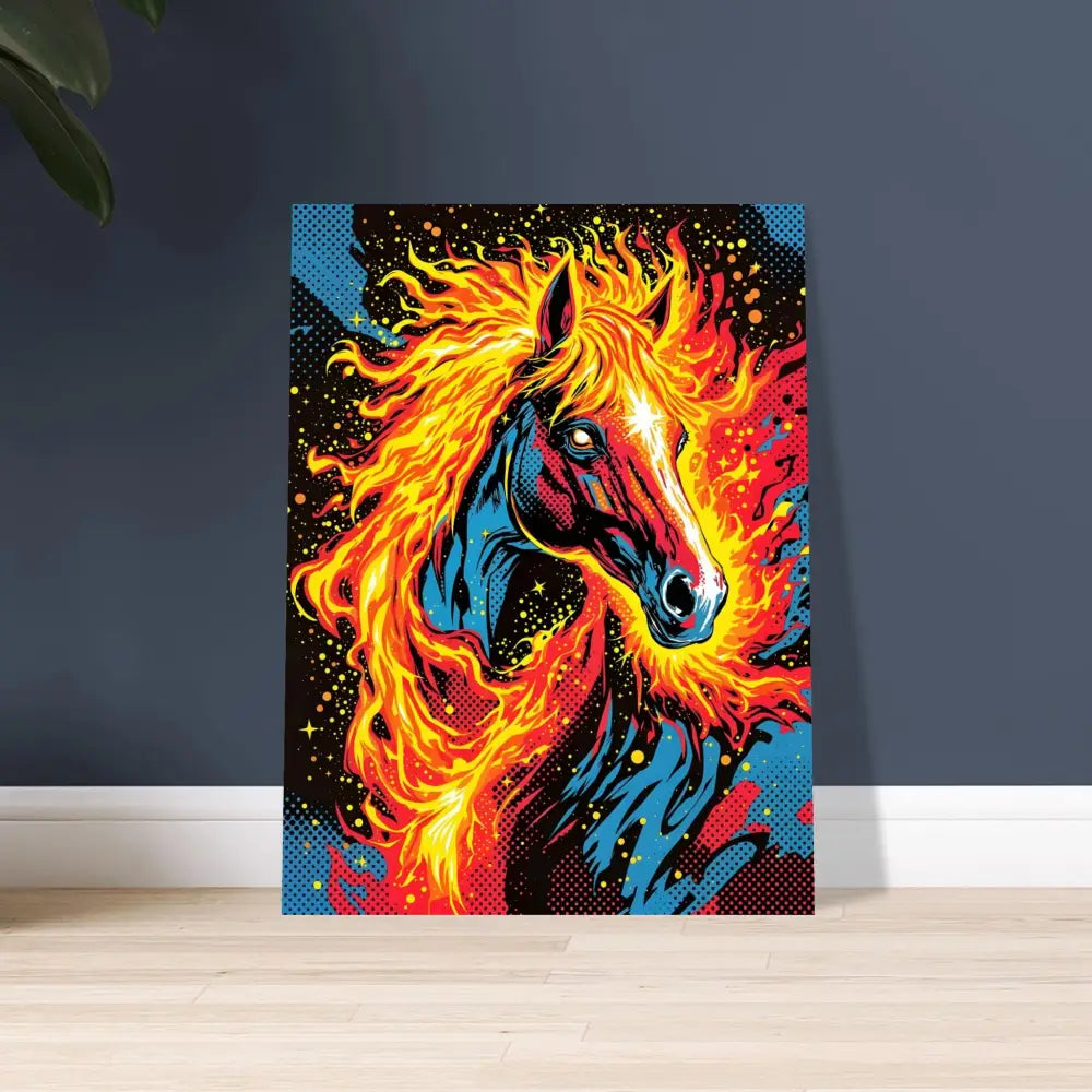 Vibrant pop-art style canvas of a fiery-maned horse with glowing eyes for Equinox Ablaze poster
