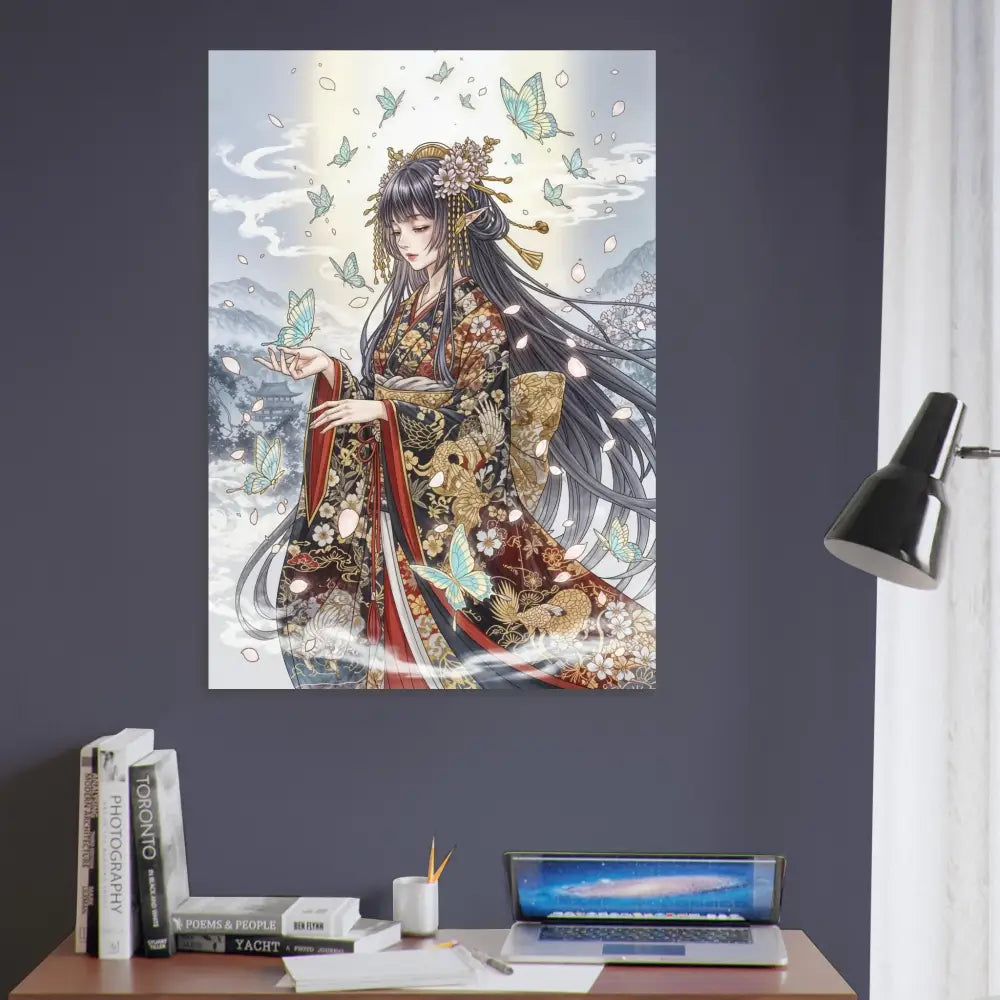 Anime-style ethereal kimono maiden poster featuring butterflies from PixiOnyx Tranquil Elegance Series