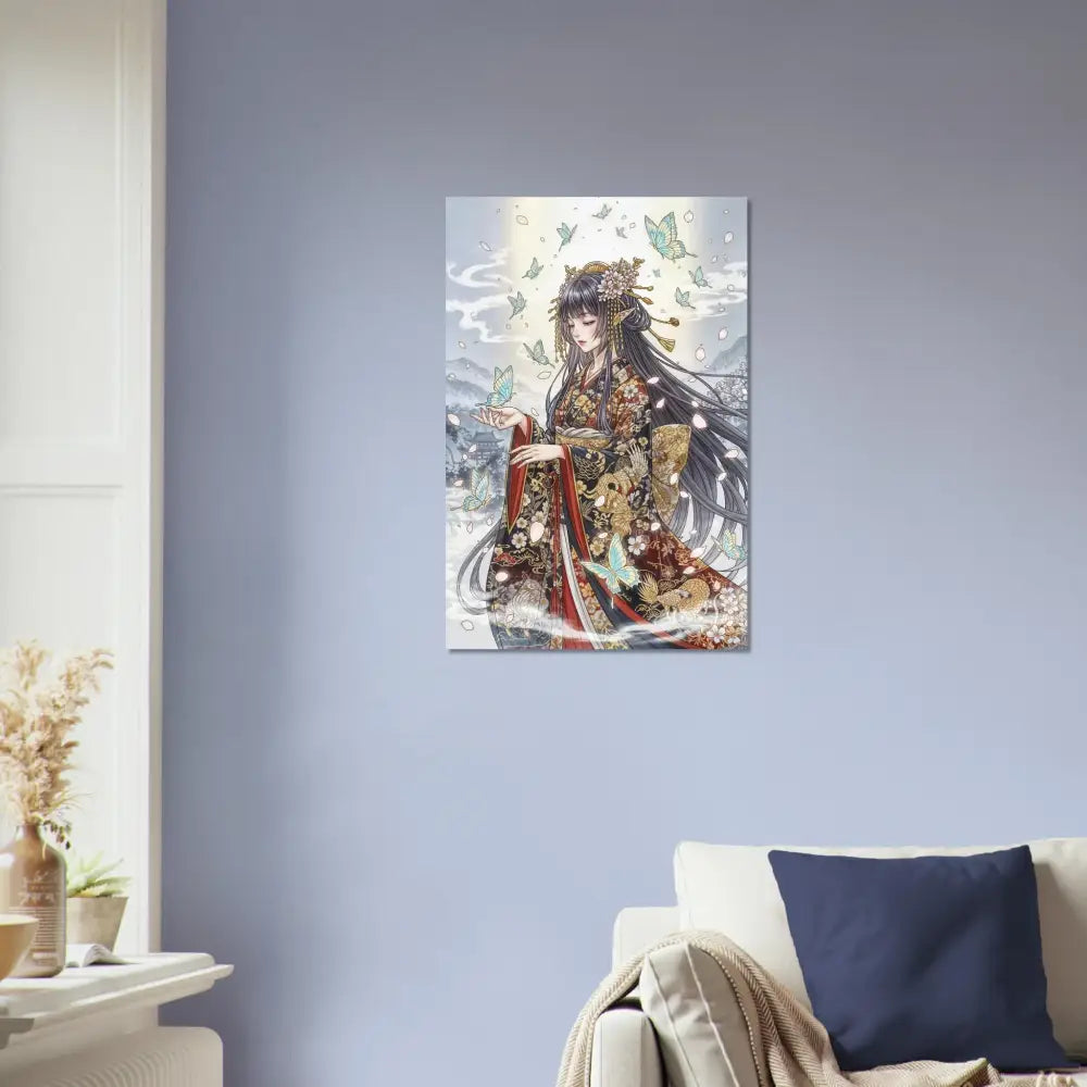 Framed canvas print of an ethereal kimono maiden with butterflies in anime style