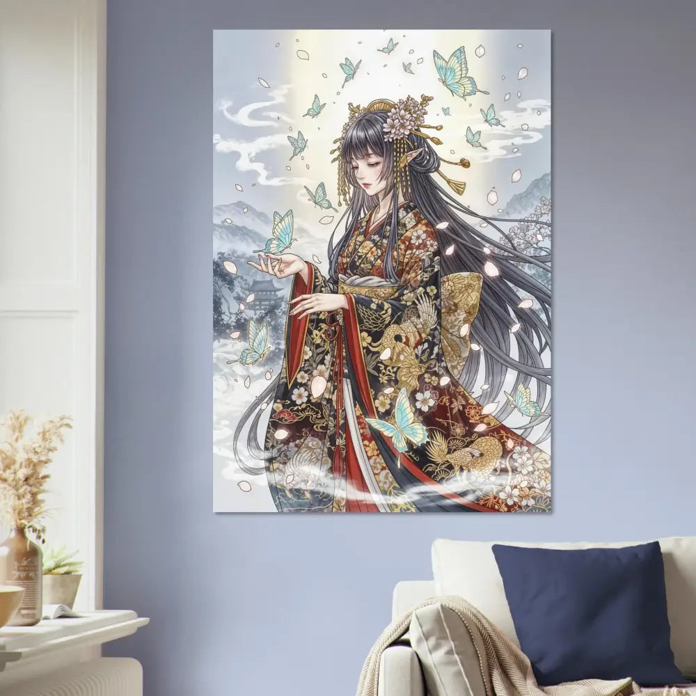 Anime-style wall art of ethereal kimono maiden with butterflies in PixiOnyx poster