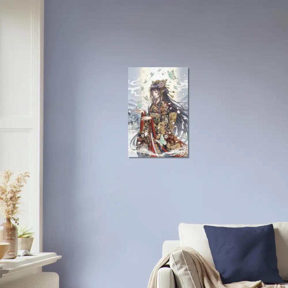 Ethereal Kimono Maiden art print featuring a woman in traditional kimono surrounded by butterflies