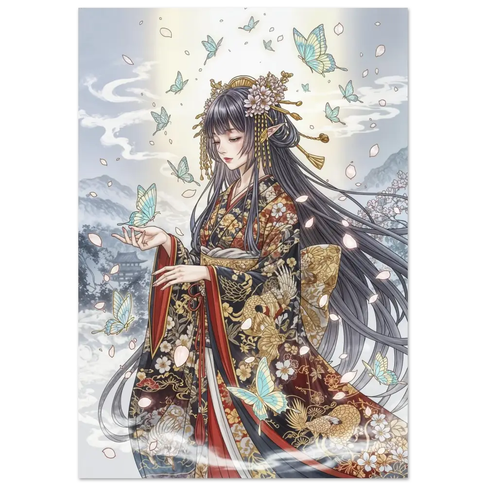 Ethereal kimono maiden illustration featuring a Japanese woman in a decorated kimono with butterflies