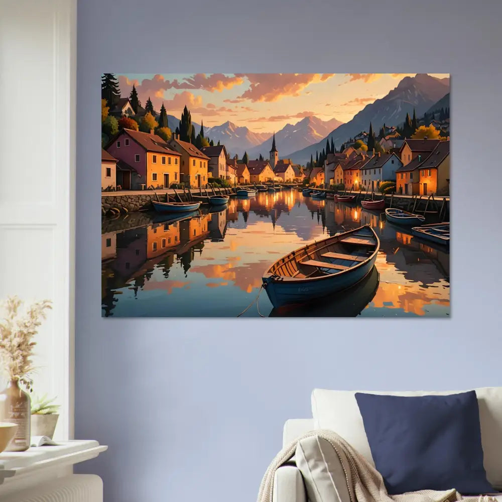 Picturesque village canal scene at sunset with calm water and charming houses