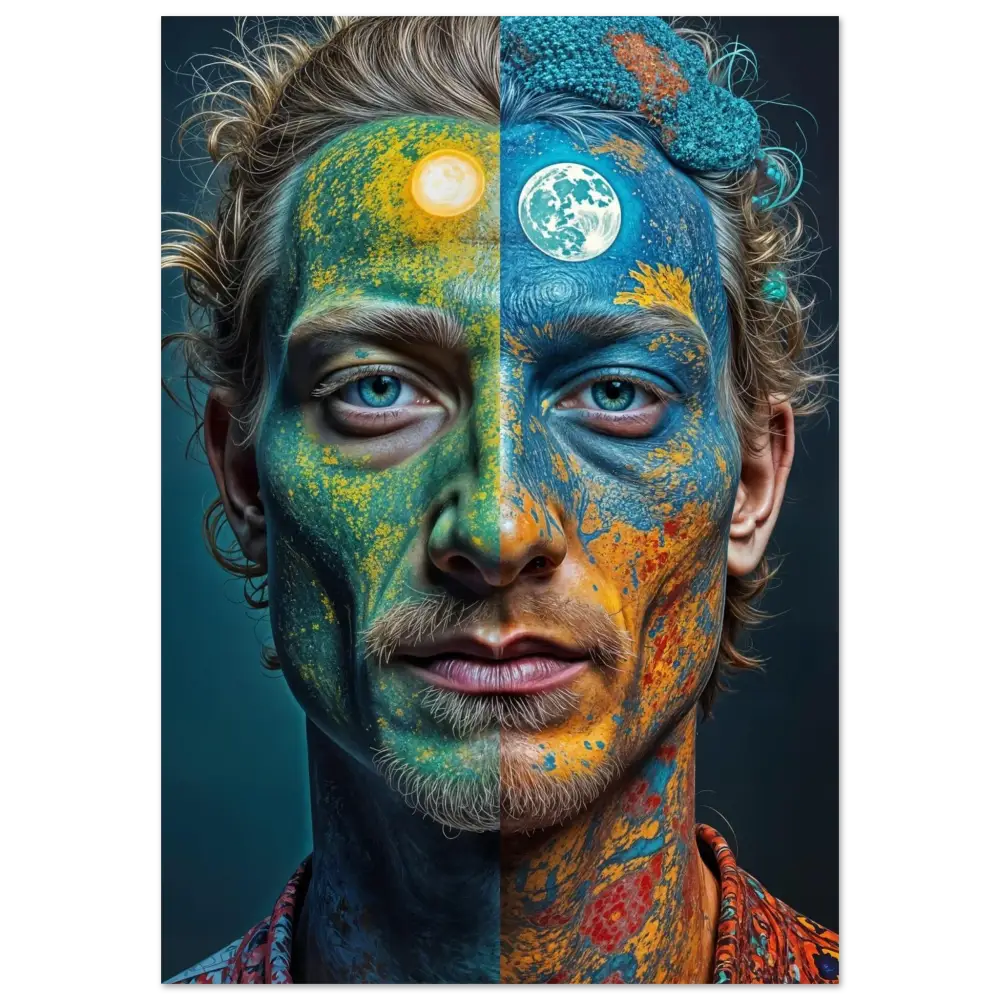 Colorful Day and Night Face Art displayed on Fine Art Poster Faces of the Wild Code