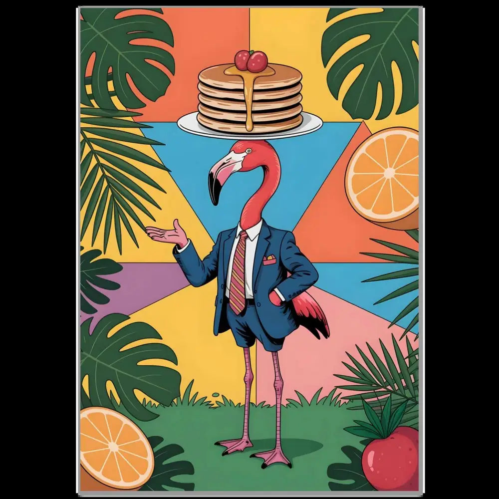 Fine Art Poster Flamingo Waiter balancing pancakes, whimsical bird display