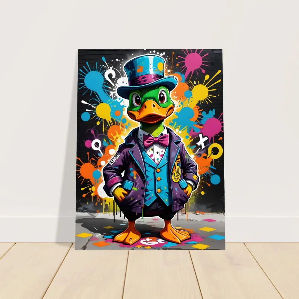 Cartoon duck in formal attire with graffiti background on Fine Art Poster Gangster Duck Swagger
