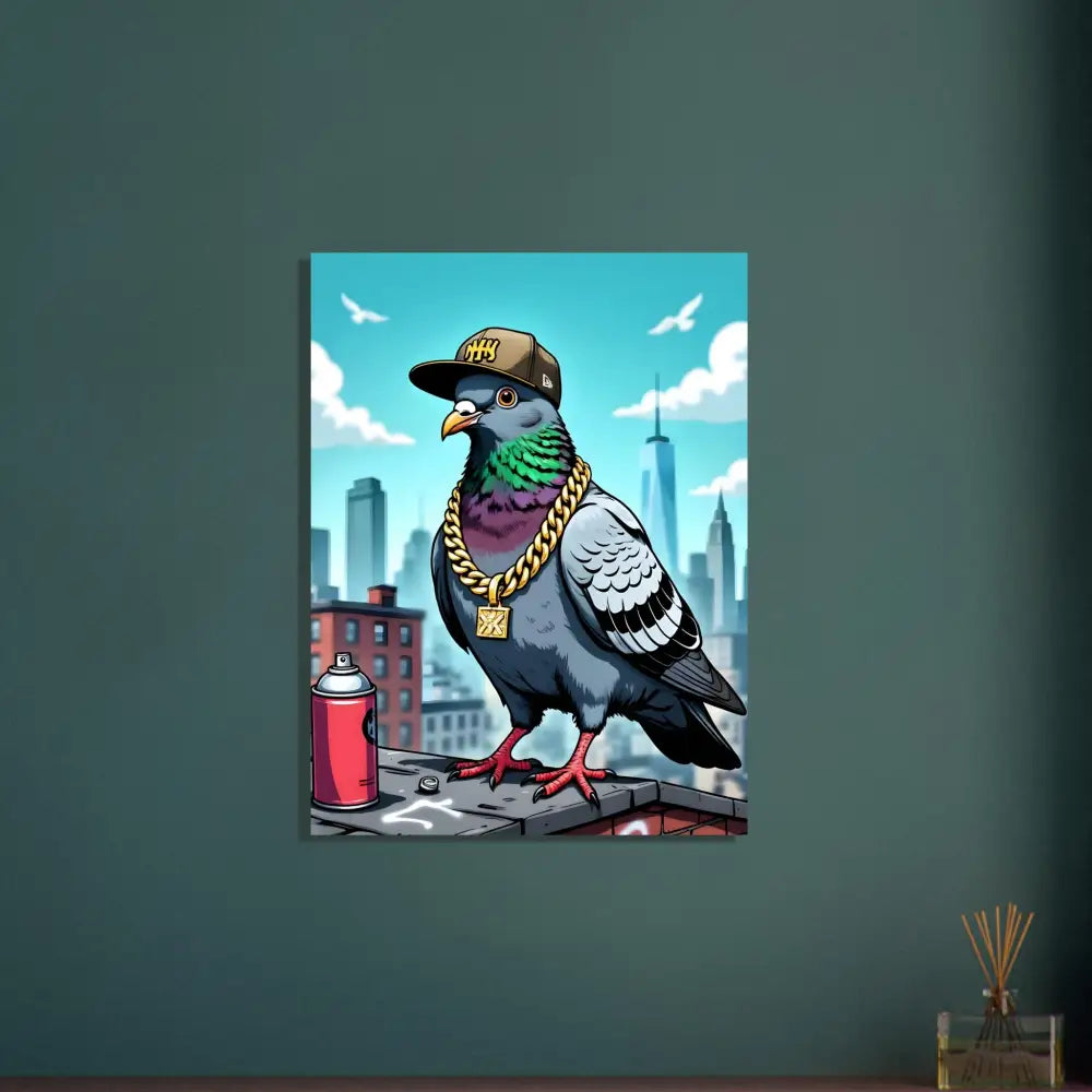 Cartoon pigeon wearing a cap and gold chain on Fine Art Poster Gangster Pigeon Skyline