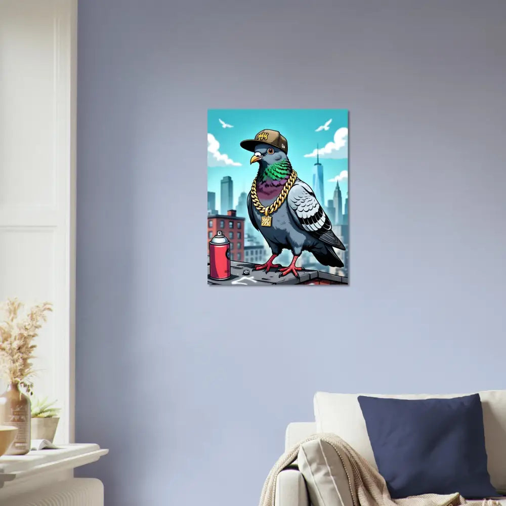 Urban pigeon art print poster from PixiOnyx displaying surreal city skyline with pigeon artwork