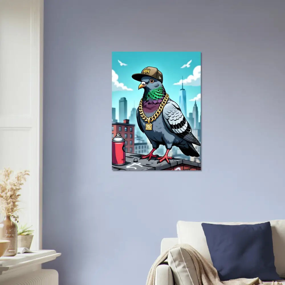 Cartoon pigeon wearing a gold chain and baseball cap in urban surrealist art poster