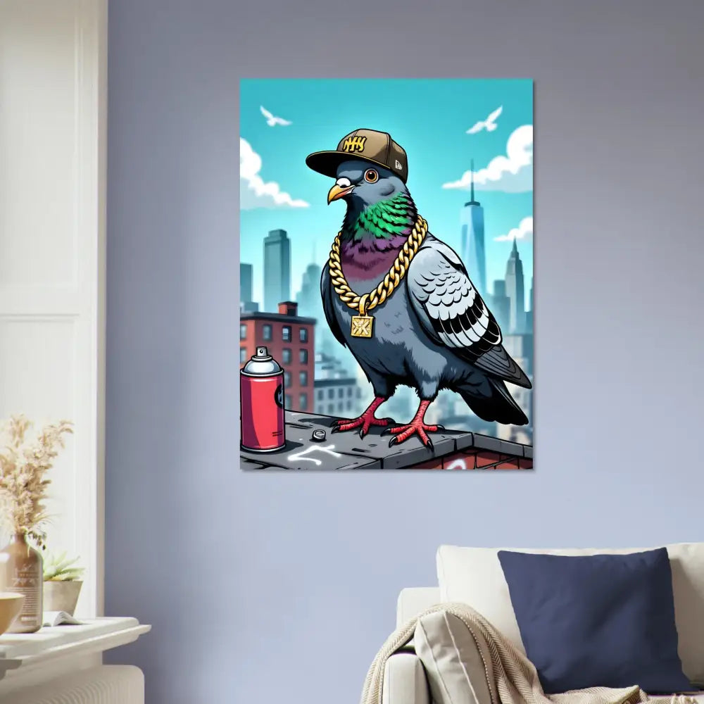 Cartoon pigeon with gold chain and baseball cap on urban skyline poster