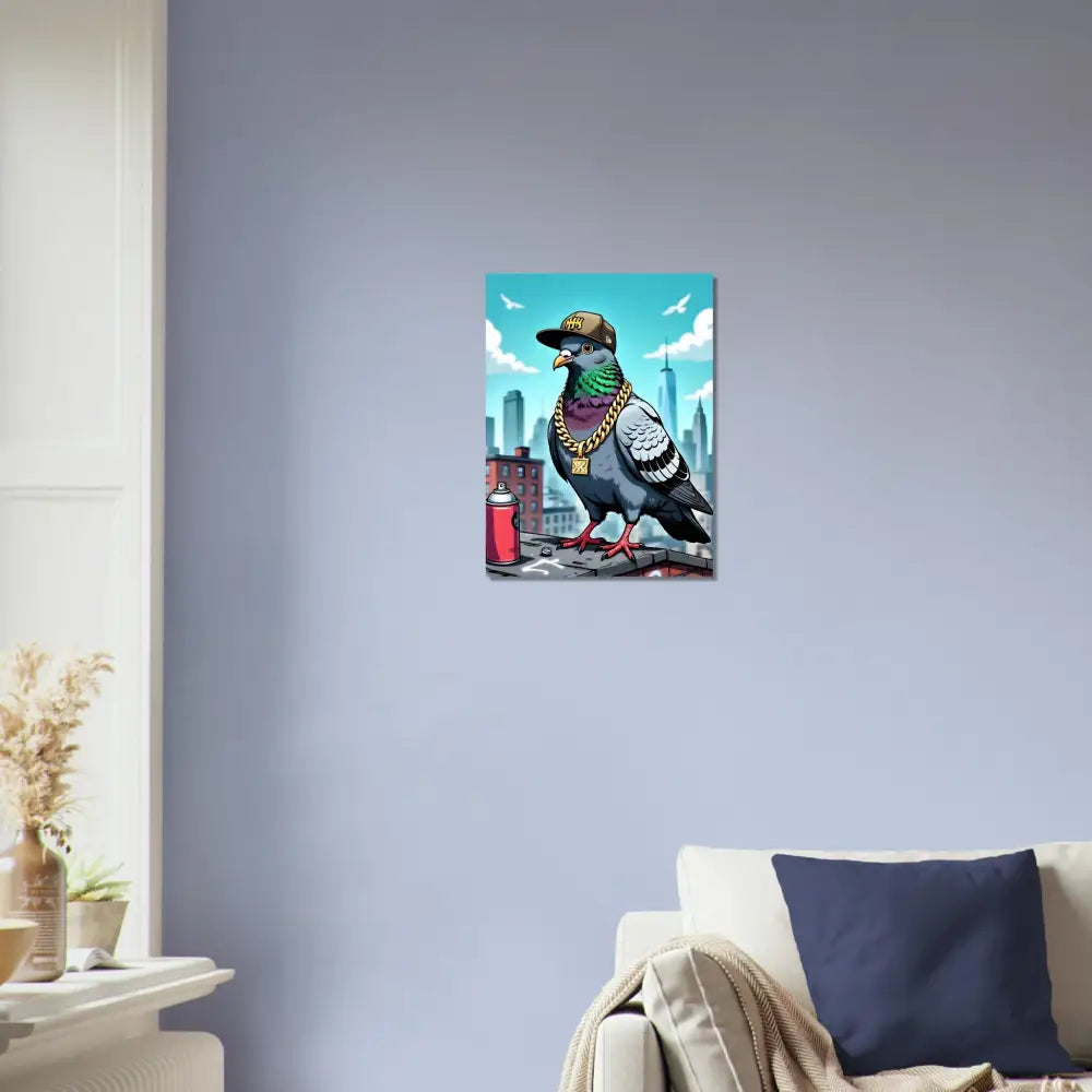 Framed pigeon artwork from the Fine Art Poster Gangster Pigeon Skyline PixiOnyx Urban Surrealism