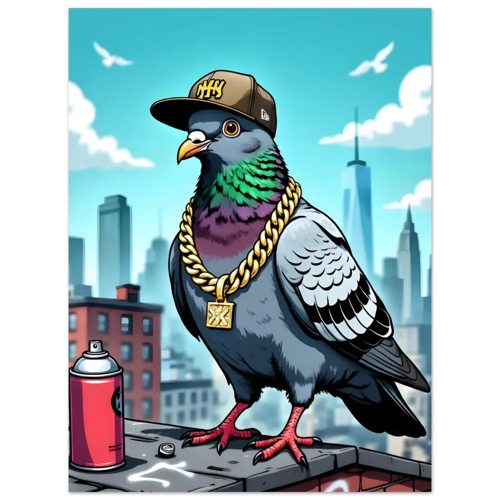 Hip-hop pigeon with gold chain on urban skyline poster for PixiOnyx Surrealism art