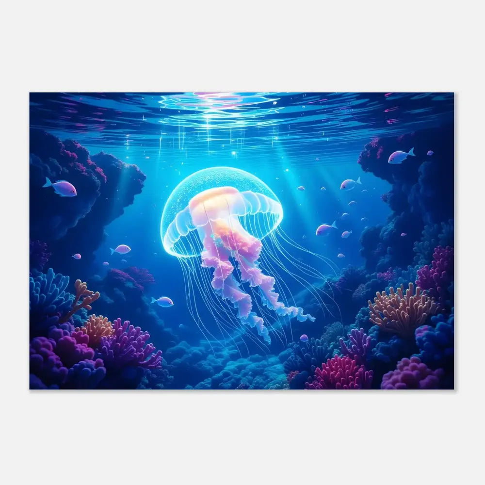 Glowing jellyfish in vibrant coral reef for Fine Art Poster Cosmic Drift PixiOnyx Ocean Reverie