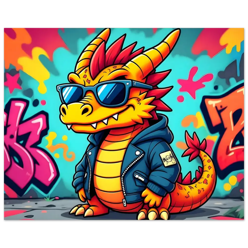 Cool graffiti groove dragon wearing sunglasses and a jacket on PixiOnyx Urban Pop Print poster