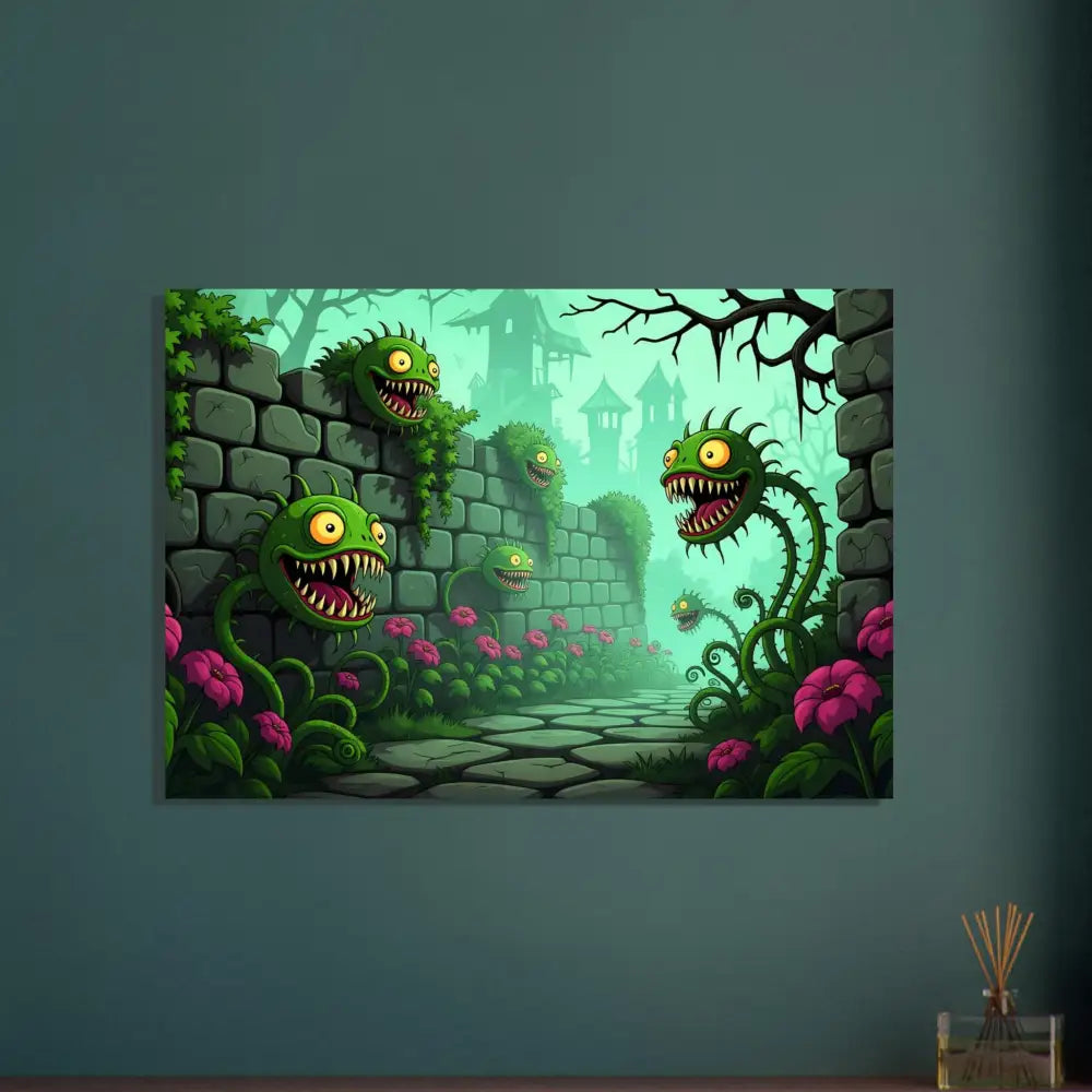 Cartoonish monster plant artwork for Fine Art Poster Grinvine Grove PixiOnyx Surreal Fantasy Nature Print
