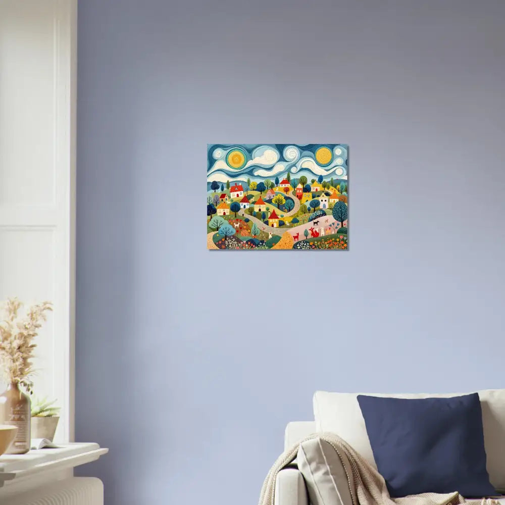 Colorful village landscape painting featured in Fine Art Poster Hillside Harmony PixiOnyx