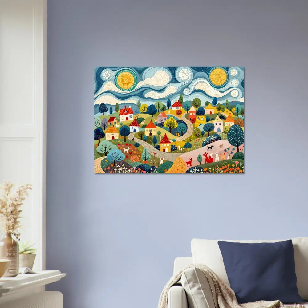 Colorful village scene artwork from Fine Art Poster Hillside Harmony PixiOnyx Folk Village Print