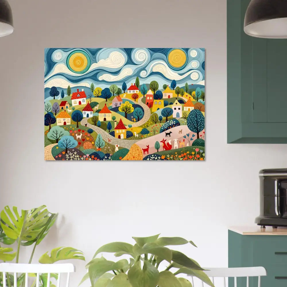 Colorful village landscape art featuring Hillside Harmony Folk Village in Fine Art Poster