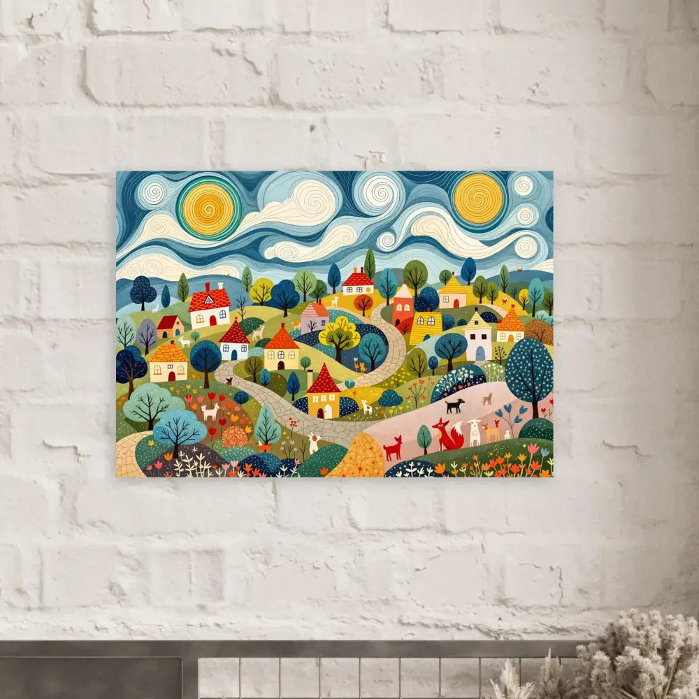 Whimsical village landscape art for Fine Art Poster Hillside Harmony PixiOnyx Folk Village Print