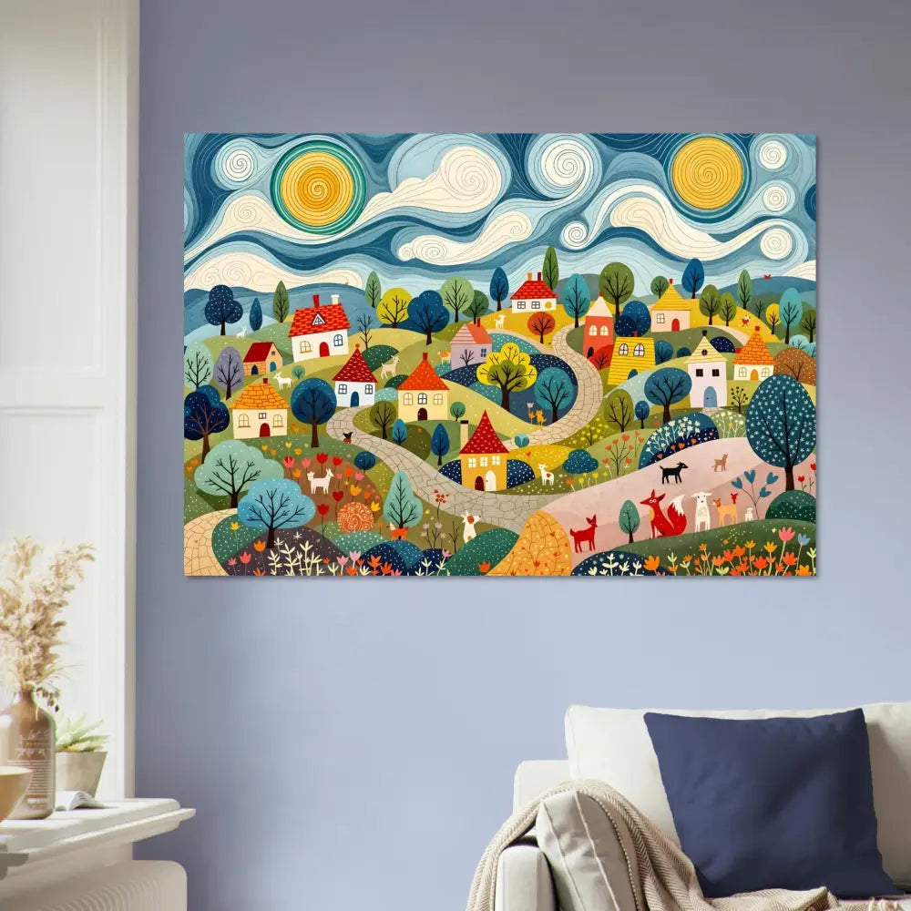 Colorful village painting from Fine Art Poster Hillside Harmony PixiOnyx Folk Village Print