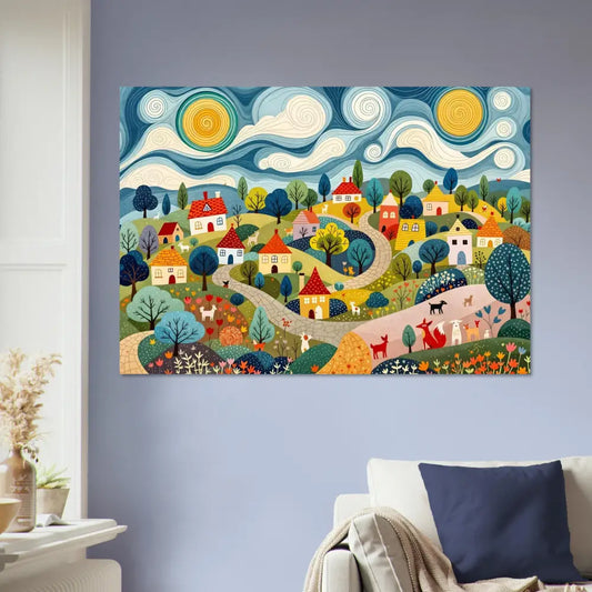 Colorful village painting from Fine Art Poster Hillside Harmony PixiOnyx Folk Village Print