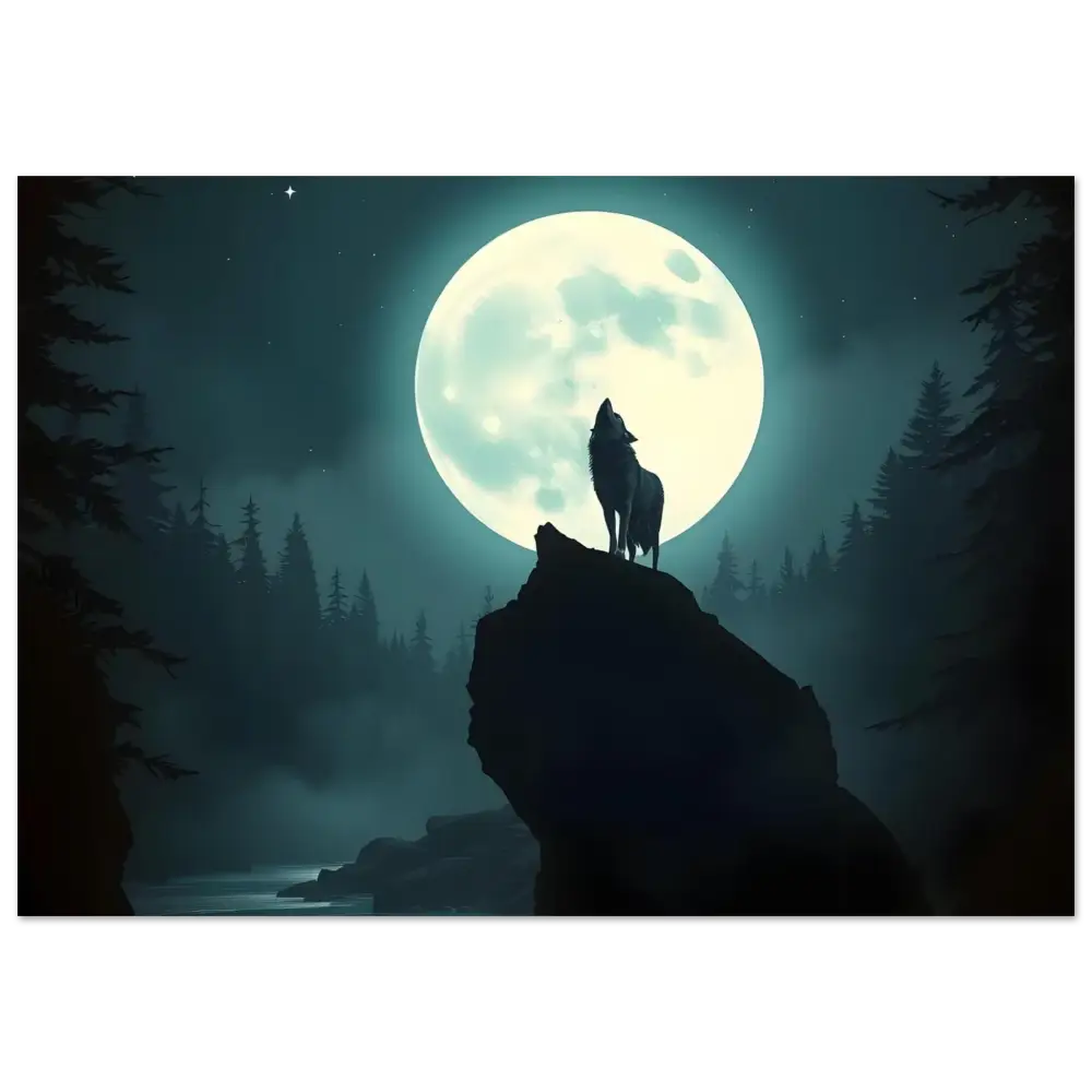 Silhouette of howling wolf in moonlit night for PixiOnyx Lunar Reverie poster