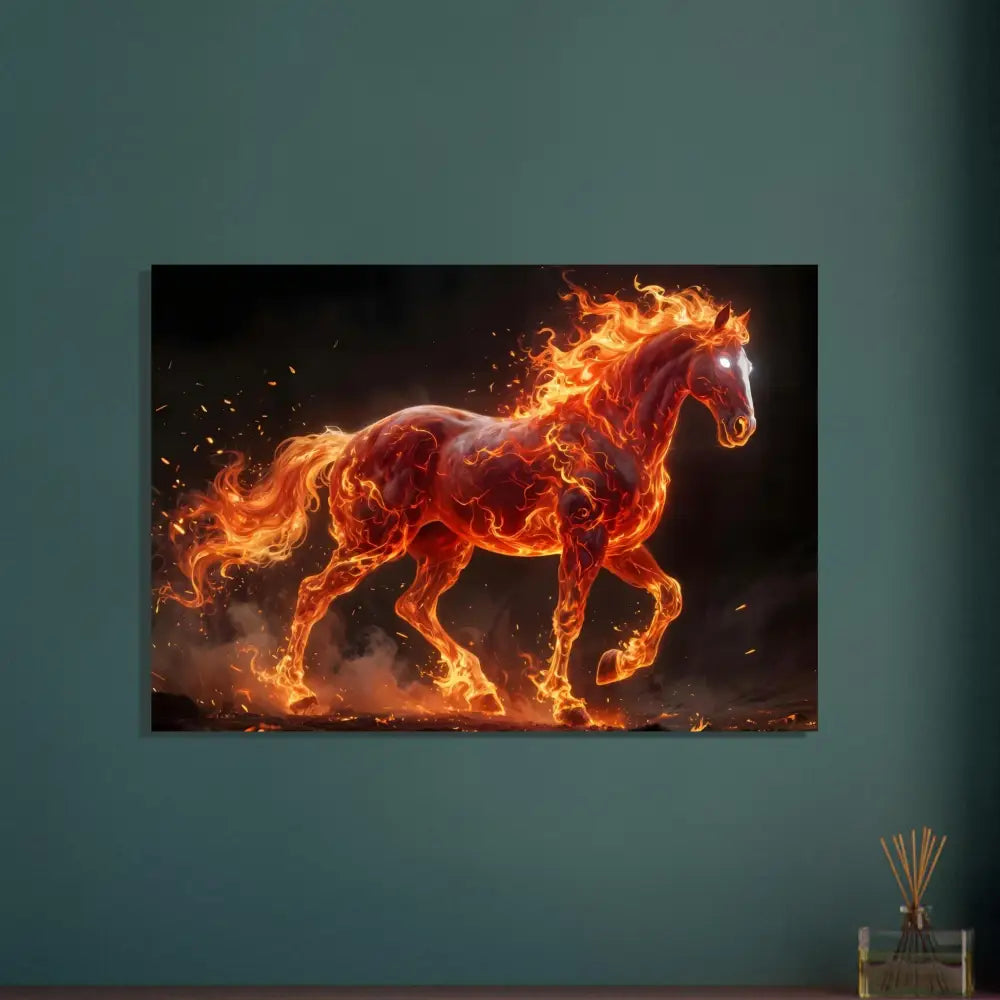 Vibrant fine art poster of Inferno Stallion with glowing eyes and fiery mane