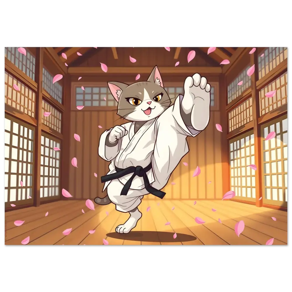 Karate Cat in Dojo on Fine Art Poster Cherry Blossom Showdown PixiOnyx Whimsical Combat