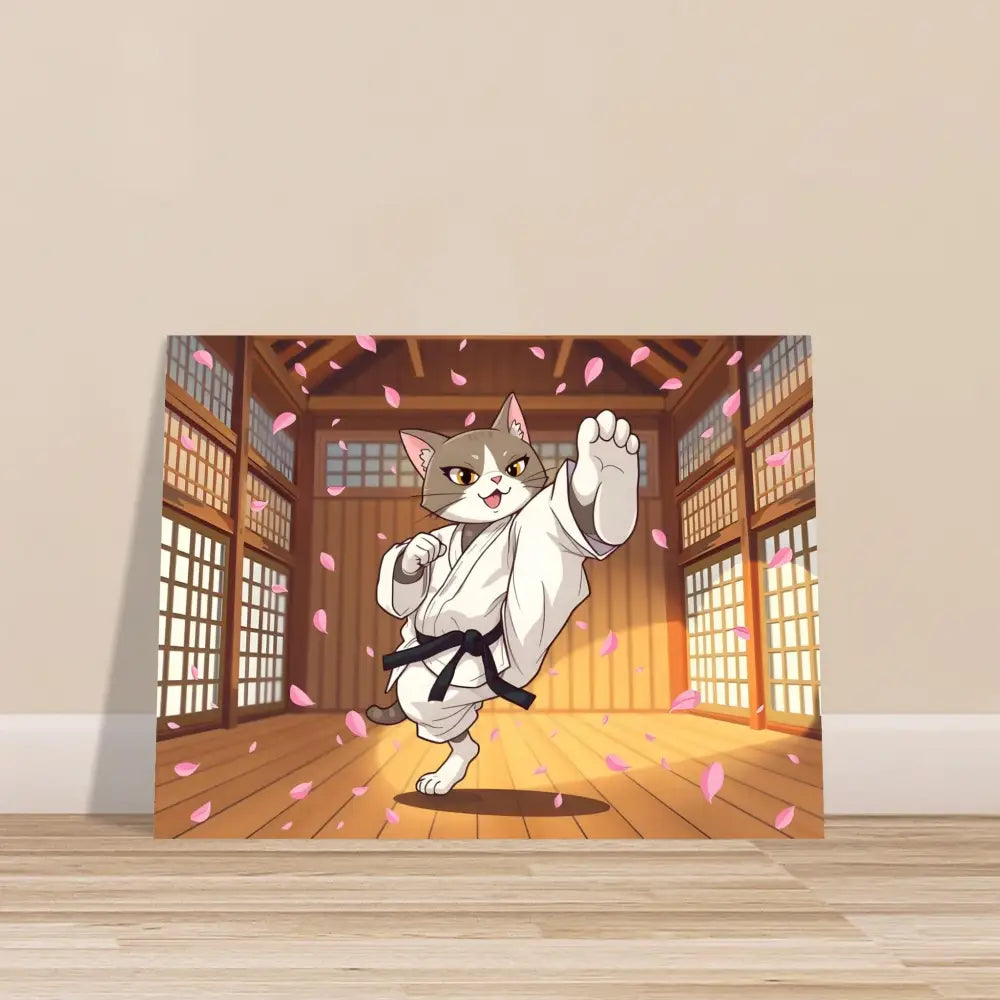 Cartoon cat in karate uniform on Fine Art Poster Cherry Blossom Showdown PixiOnyx