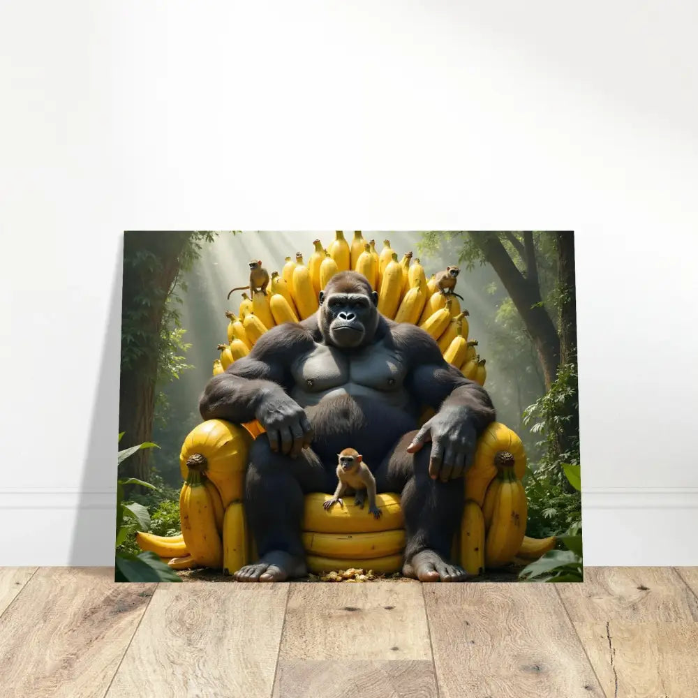 Gorilla sitting on a banana throne illustrated for King Kong’s Banana Throne poster