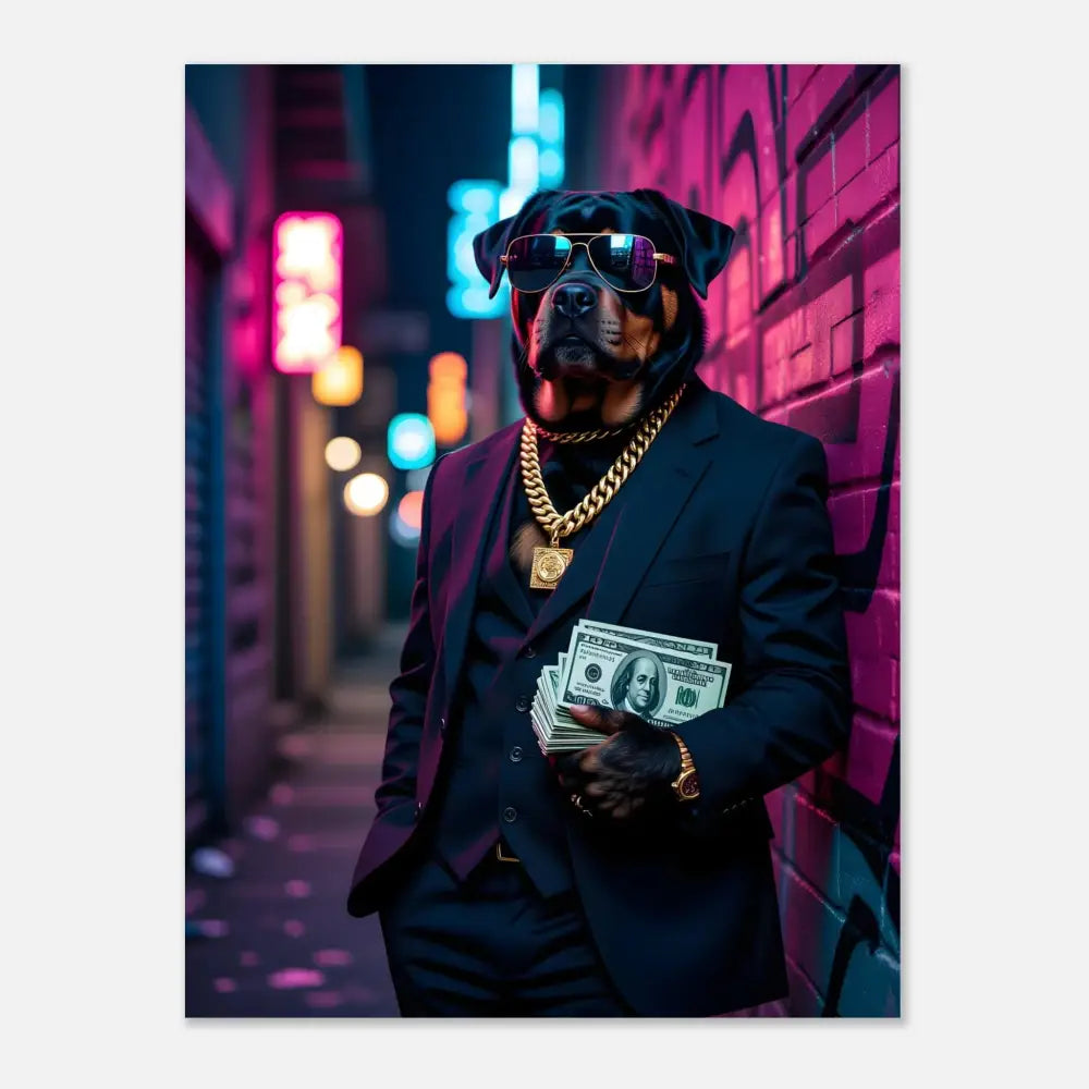 Rottweiler dog in a suit with money for Fine Art Poster Kingpin K9 PixiOnyx Urban Swagger