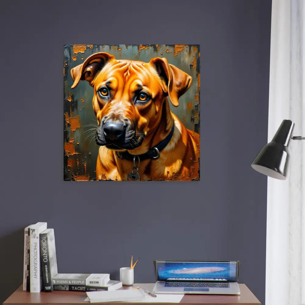 Fine art poster of a brown dog with a black collar showcasing a soulful stare captured