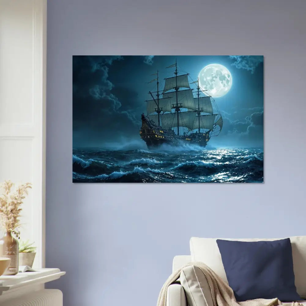Moonlit sailing ship at night in a dramatic nautical scene for Fine Art Poster PixiOnyx