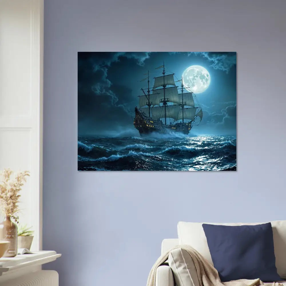 Moonlit sailing ship depicted on a nautical dreamscape Fine Art Poster by PixiOnyx