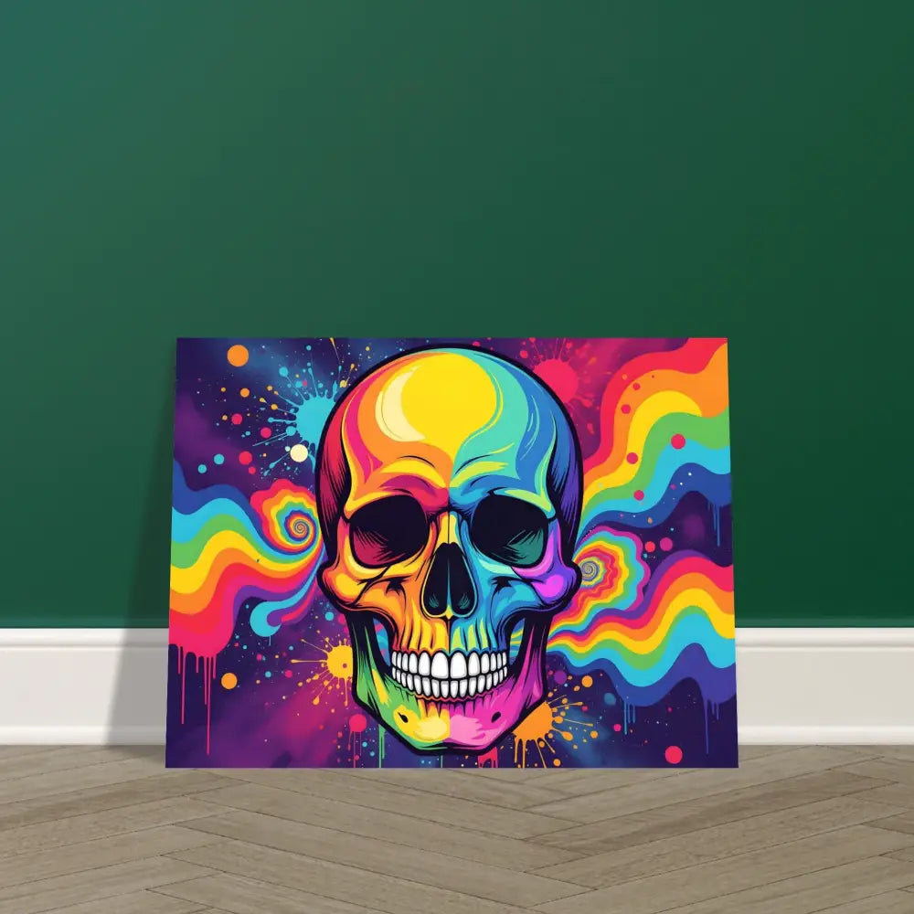Colorful skull art poster titled Neon Psychedelic Skull by PixiOnyx Abstract Vivid Display