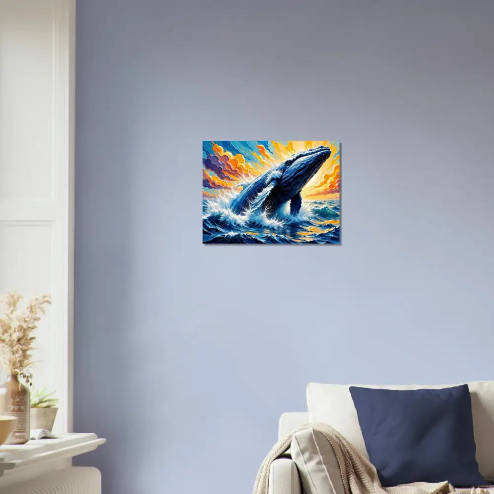 Vibrant fine art poster of a breaching whale at sunset in PixiOnyx Painterly Majesty style