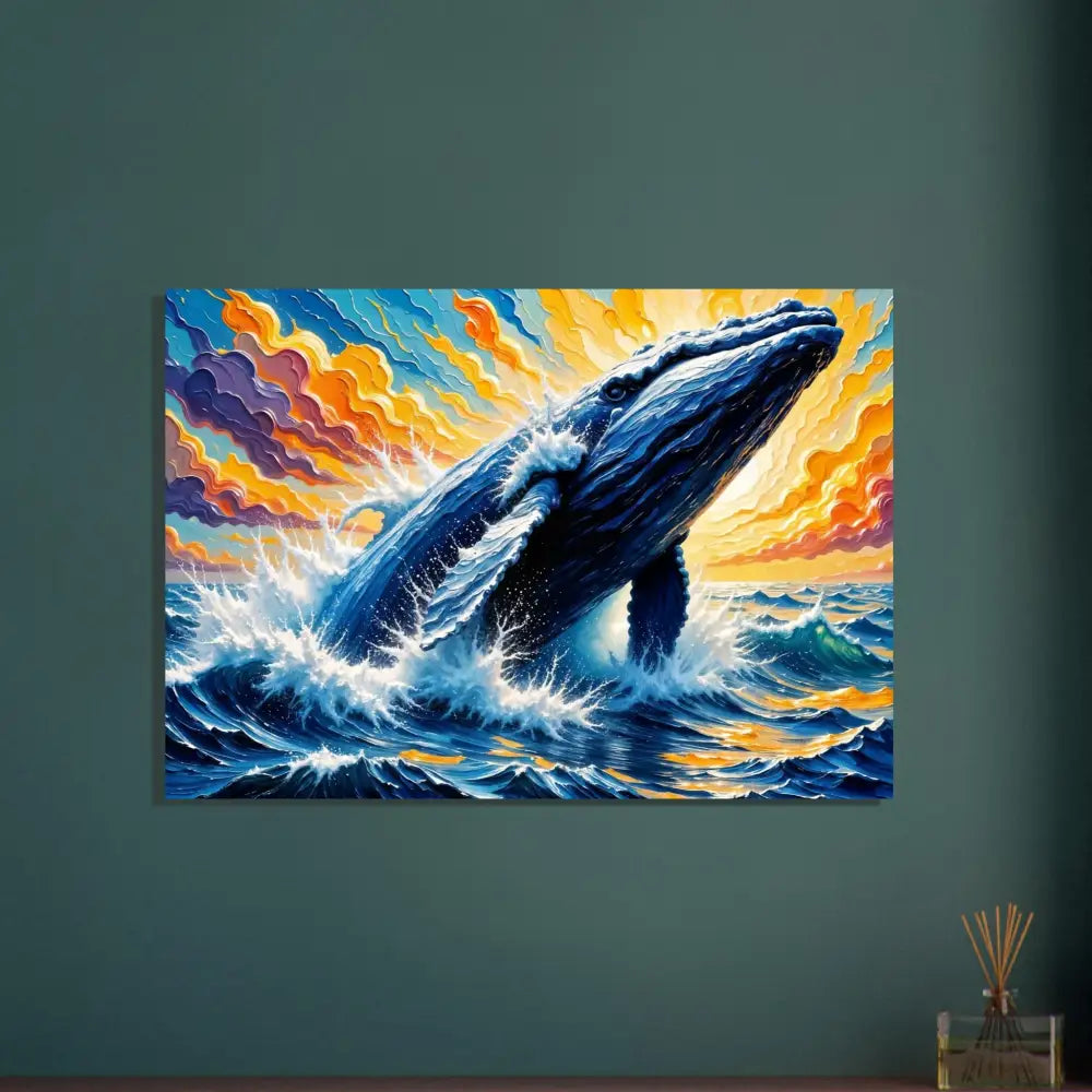 Fine art poster of a blue whale breaching in colorful ocean at sunset PixiOnyx Painterly Majesty